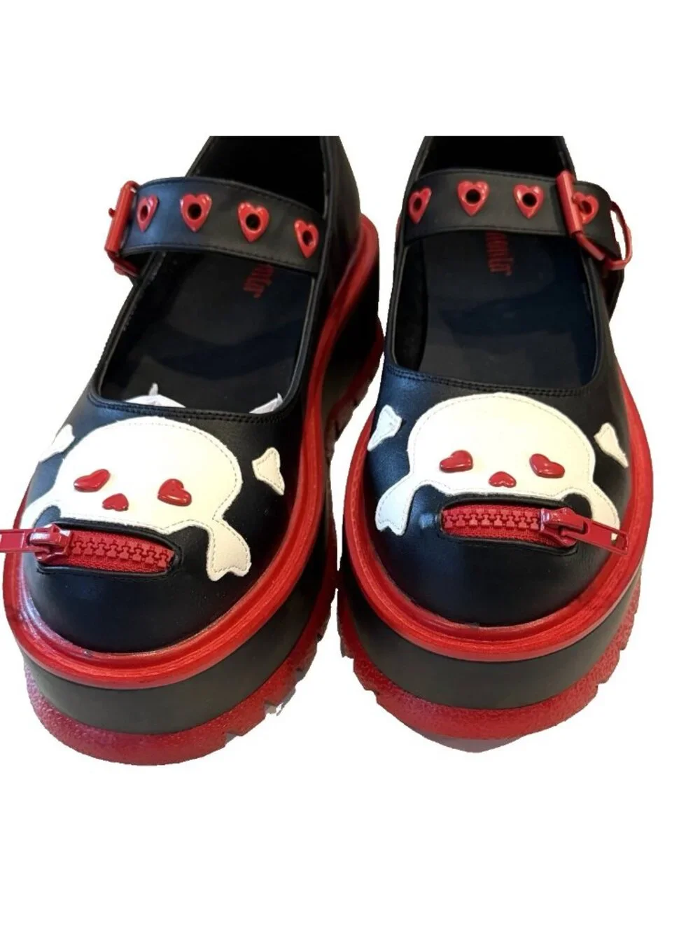 Demonia Black Red Platform Mary Janes Flats Skulls Rockabilly Shoes Size 10 NIB